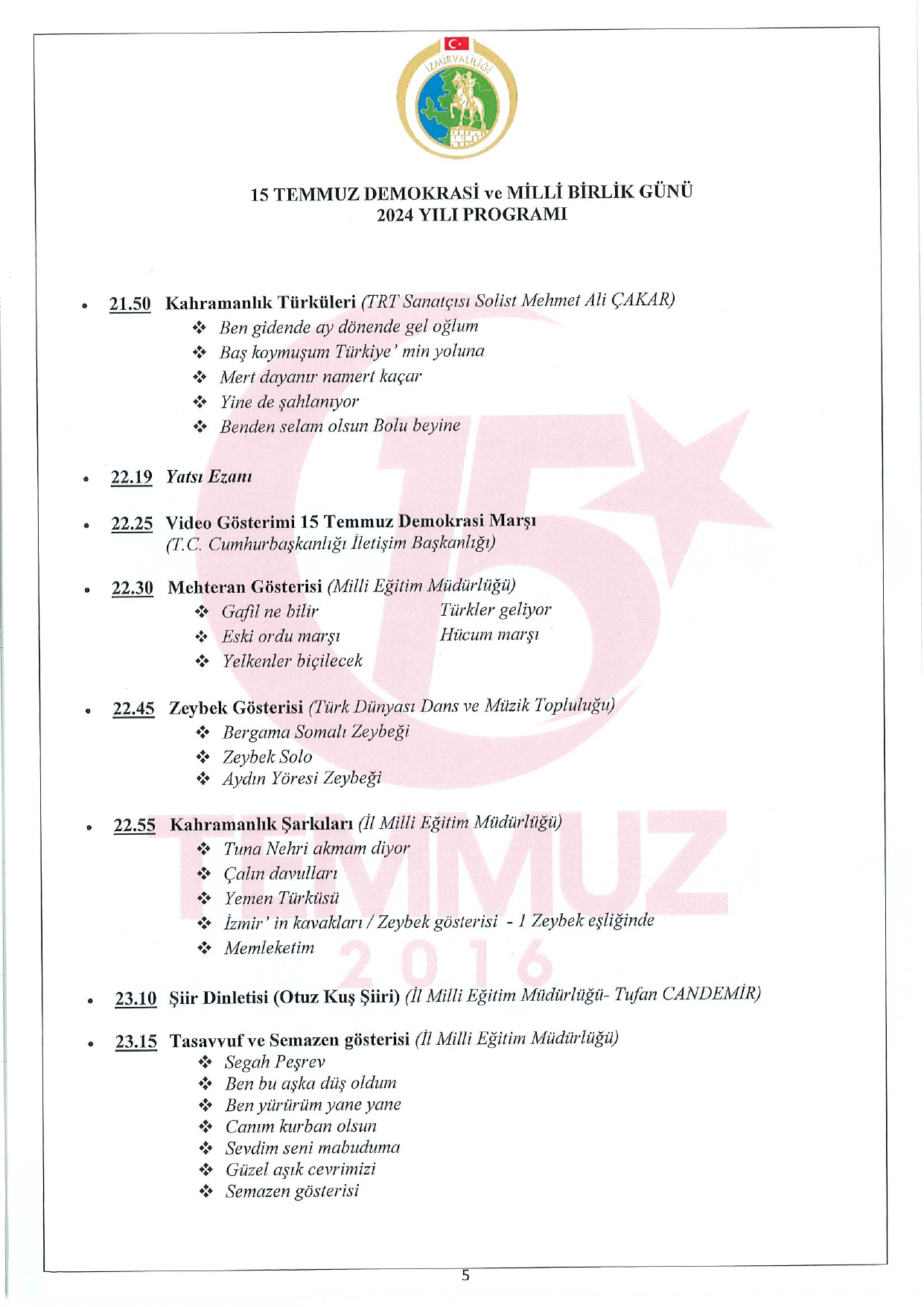 15 Temmuz Demokrasi Ve Milli Birlik Günü 2024 Yılı Programı Page 0005