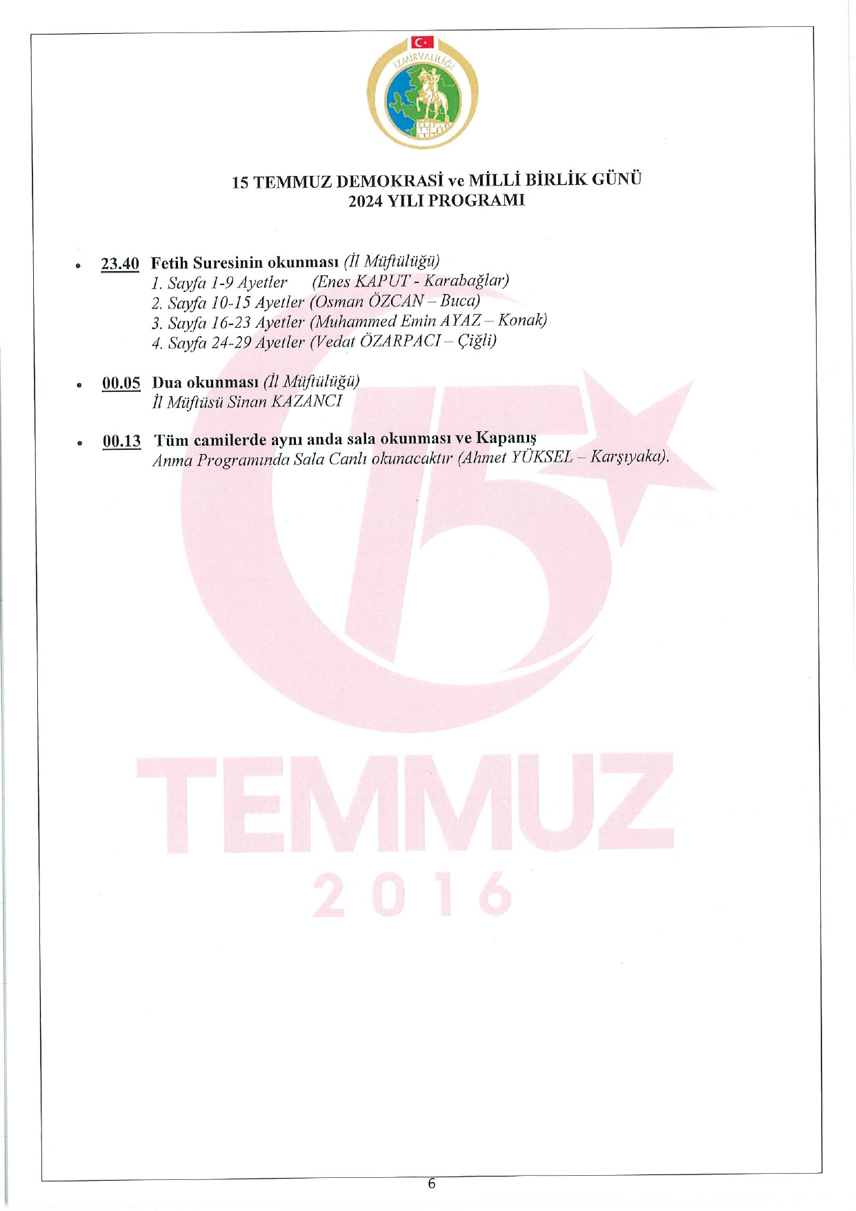 15 Temmuz Demokrasi Ve Milli Birlik Günü 2024 Yılı Programı Page 0006