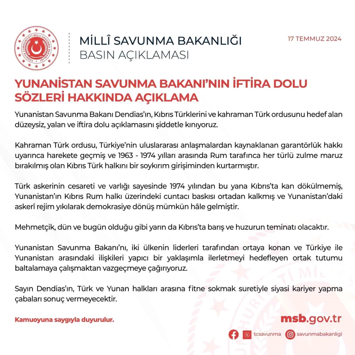 Milli Savunma Bakanlığı'ndan Yunan Savunma Bakanı'nın Açıklamalarına Sert Tepki