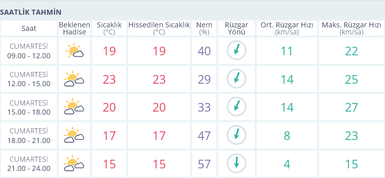 Izmir 19 Ekim Saatlik Hava Durumu