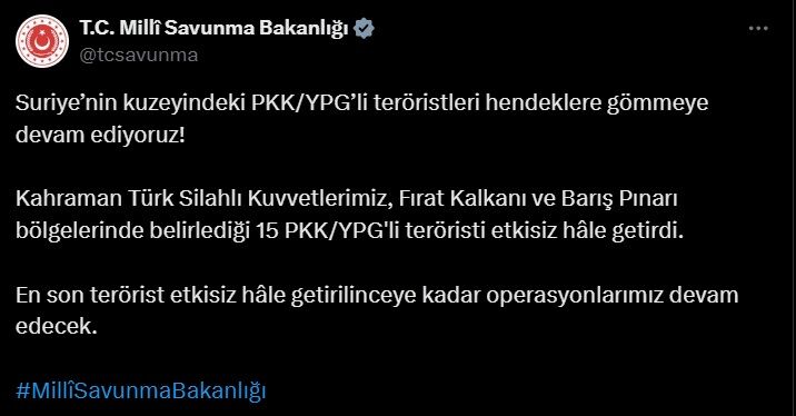 Msb Barış Pınarı'nda 15 Pkkypg'li Terörist Etkisiz Hale Getirildi (2)