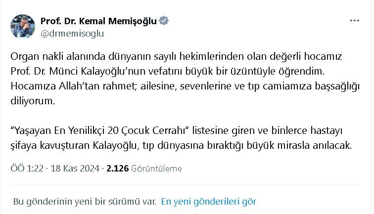 Sağlık Bakanı Memişoğlu, Prof. Dr. Kalayoğlu'na Taziye Mesajı Yayımladı
