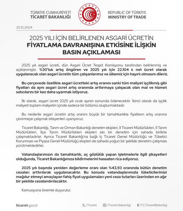 Ticaret Bakanlığı’ndan Asgari Ücret Zammı Sonrası Fiyat Artışı Uyarısı-1