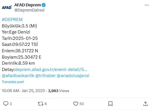 Son Daki̇ka Ege Denizi'nde Deprem!