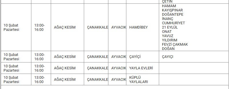 Ayvacık Kesinti 10 Şubat