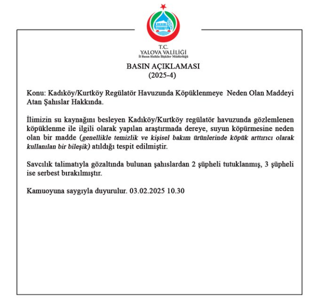 Yalova Valiliği Içme Suyu Açıklaması