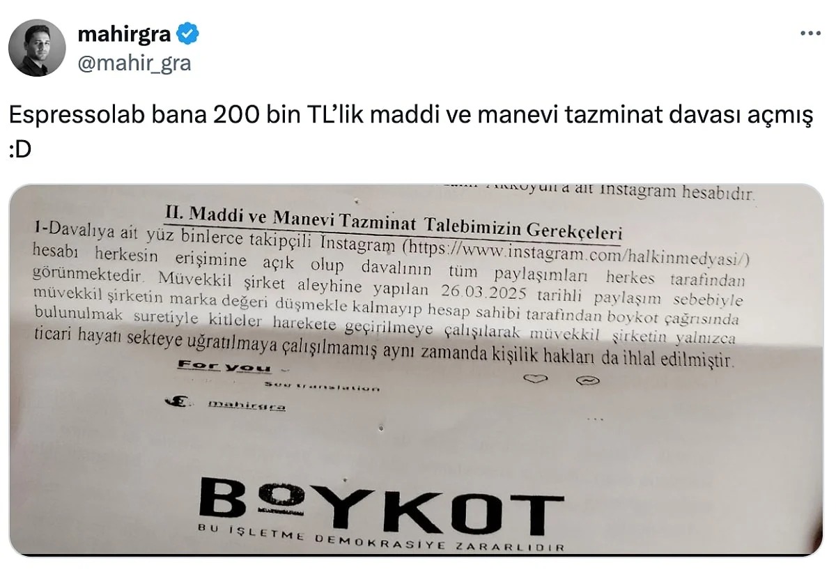 Espressolab'ten Boykot Çağrısı Yapanlara Tazminat Davası (2)