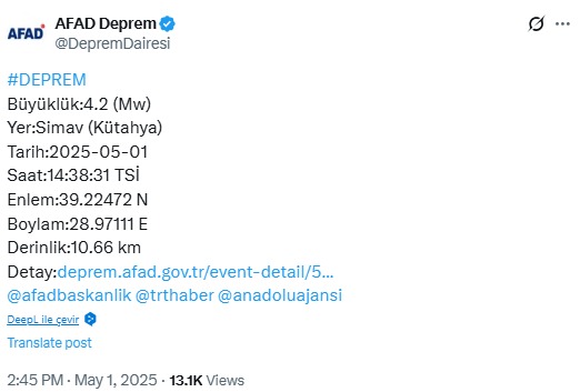 Kütahya Deprem Afad